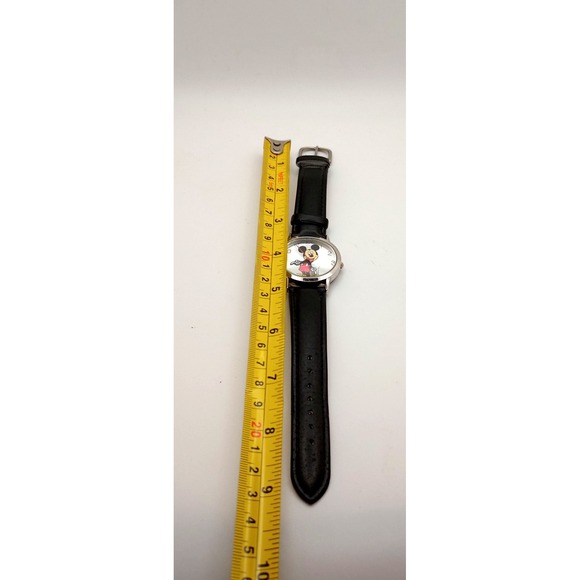 Disney Mickey Mouse Watch Silver Dial Black Leather Strap 33mm New Battery - Picture 10 of 12
